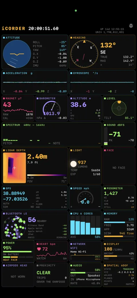 iCorder showing dozens of live sensor readouts